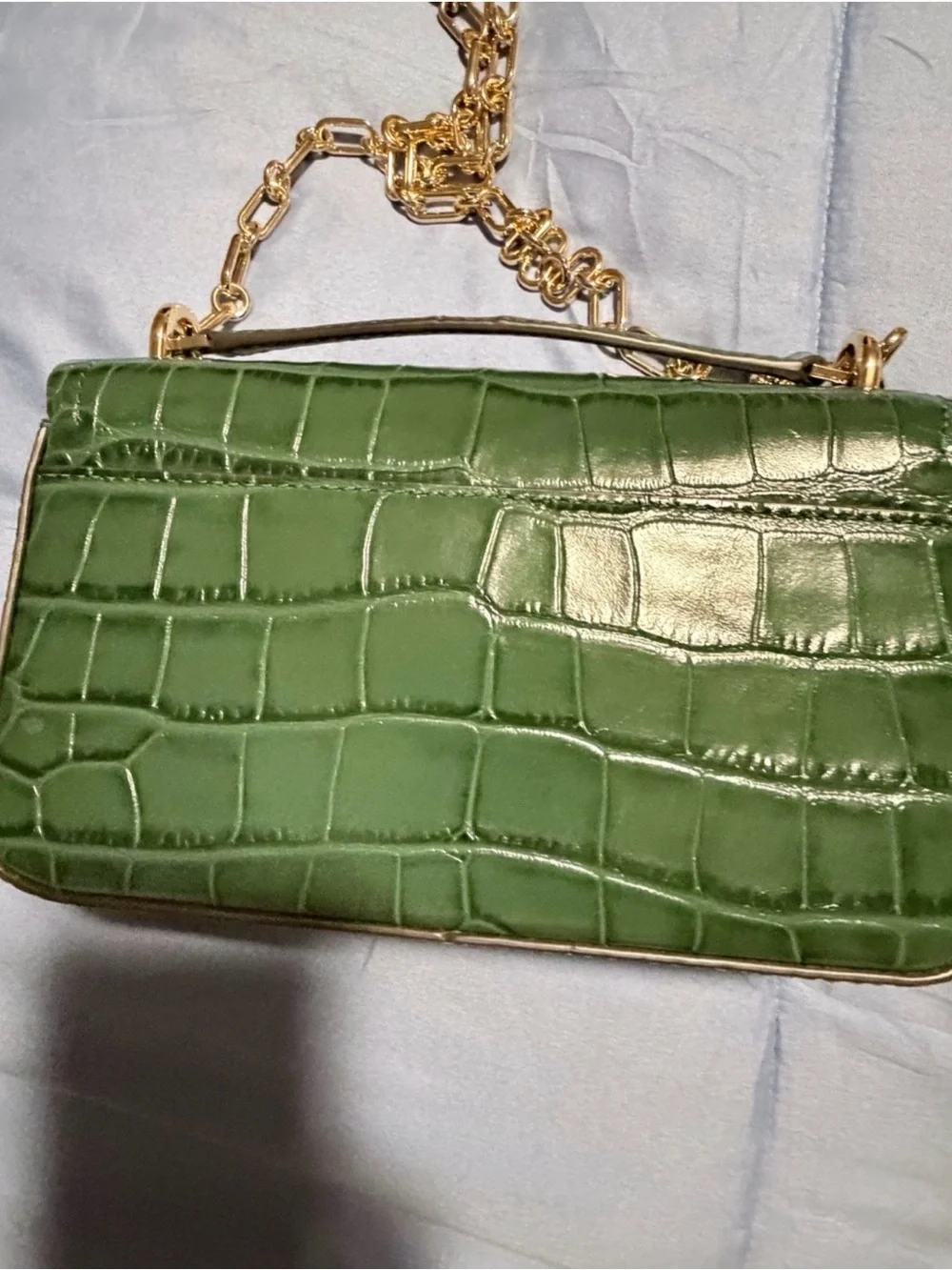 New Michael Kors Green Croc-Embossed Small Crossbody with Gold Chain